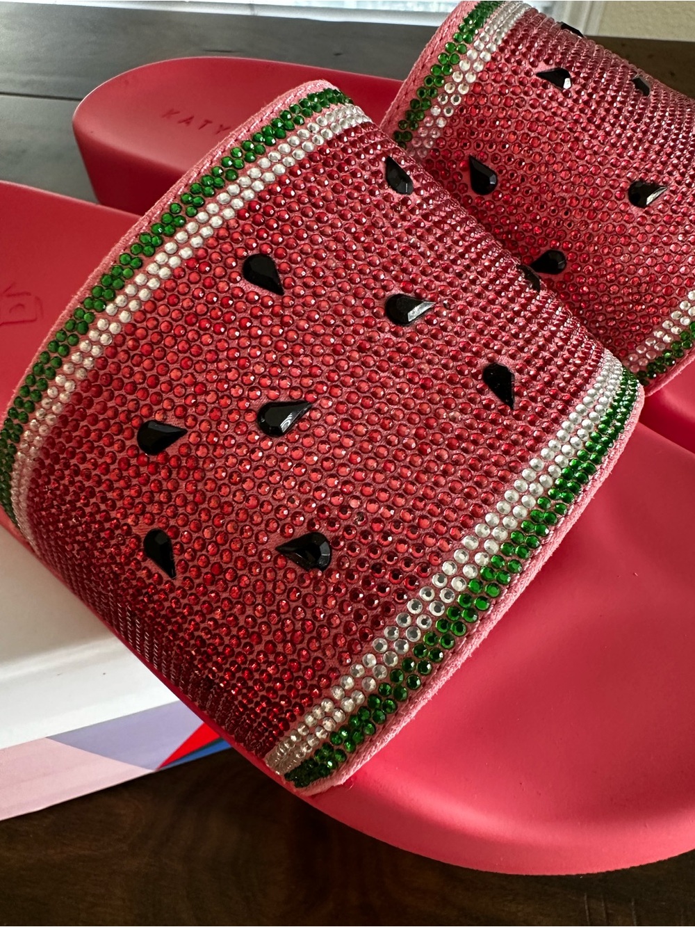 Katy Perry Collections Red Watermelon Slide Sandals with Green Trim - Picture 3 of 5